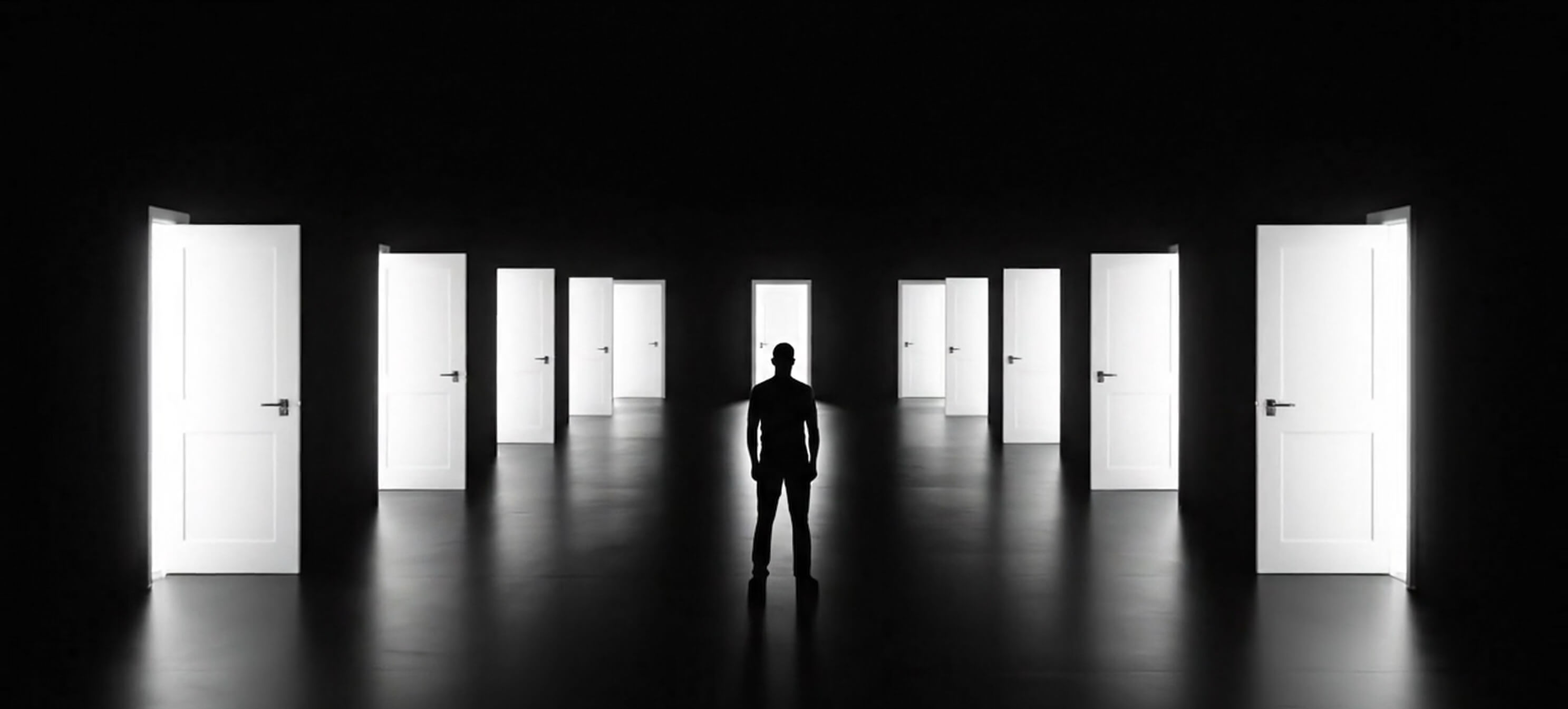 A set of various open doors in an open space